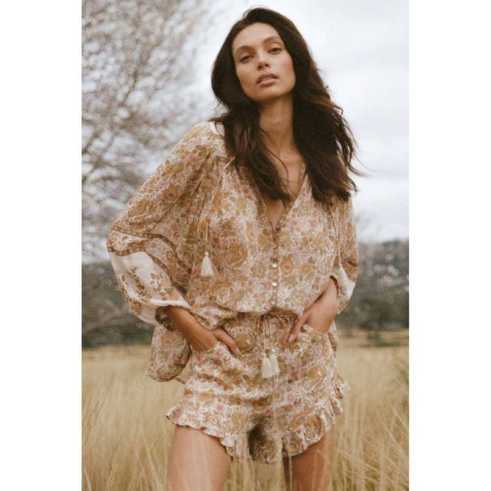 Spell Floral Bohemian Top in Cream and Brown